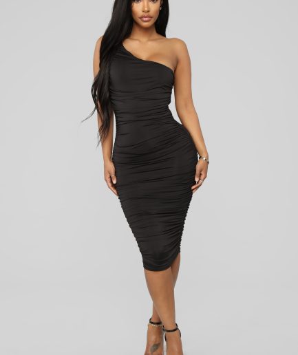 Barely Know Me One Shoulder Midi Dress - Black